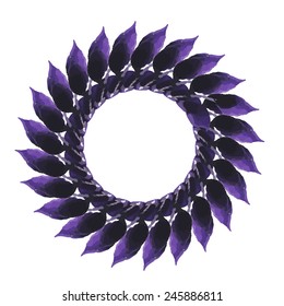 Round frame made of various leaves in watercolor. Hand-painted watercolor design elements.