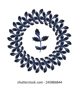 Round frame made of various leaves in watercolor. Hand-painted watercolor design elements.
