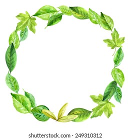 round frame made of various leaves in watercolor. Hand-painted elements.