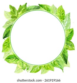 round frame made of various leaves in watercolor. Hand-painted design
