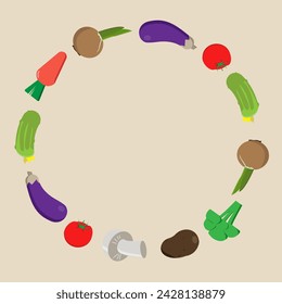 Round frame made of  vegetables and mushroom: cucumber, eggplant, onion, potato, carrot, tomato, broccoli, champignon.