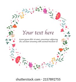 Round frame made of wild flowers with place for text. Modern flat vector illustration