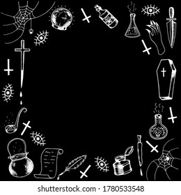 Round frame magic witch items doodle white on black. Magic ball dagger cauldron potion spell. Halloween social media design postcards with copy space. Stock vector hand drawn illustration.