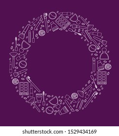 Round frame with makeup pattern on purple background