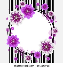 Round frame with mallows on striped background for greeting card or invitation design.