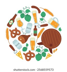 Round frame with malt, beer, craft beer ingredients, branches of common hops, bottle opener. Vector colorful hand drawn illustration in flat style.