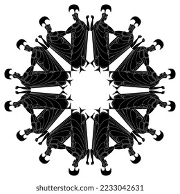 Round frame or mandala with black and white silhouettes of ancient Greek goddess Athena. Vase painting style.