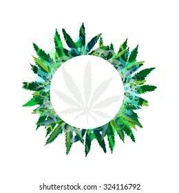 round frame of marijuana cannabis leafs on a white background with place for text. Vector