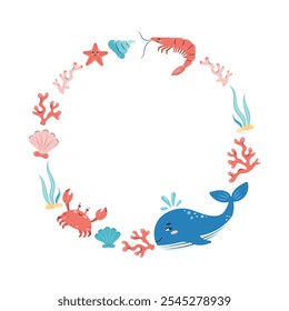 Round frame with marine animals. Sea Life circle frame on white background. For postcards and posters. Vector illustration.