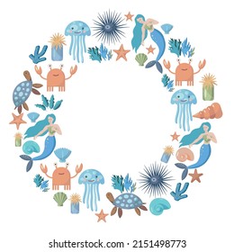 round frame with marine life. vector illustration