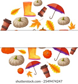 Round frame with mark for text. The frame consists of an umbrella, a pumpkin, hot coffee in a cup, and yellow rubber boots. Place for text has non-ground shadow
