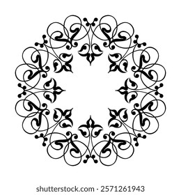 Round frame medallion with arabesques and floral elements. Abstract black ornament. European ornament. Circle, ring Ancient Greece, Roman Empire. For household utensil, textile, embroidery, porcelain
