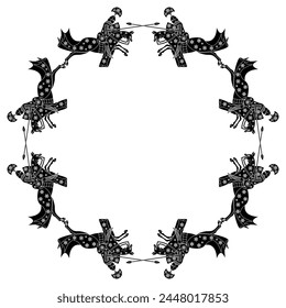 Rundrahmen mit mittelalterlichen Rittern, die Pferde reiten. Schwarz-Weiß-Silhouette. 