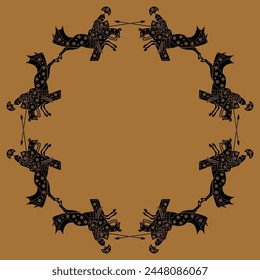 Round frame with medieval knights riding horses. Monochrome black silhouette on brown background. 