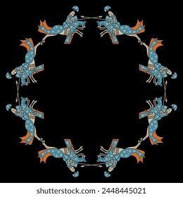Round frame with medieval knights riding horses. On black background. 