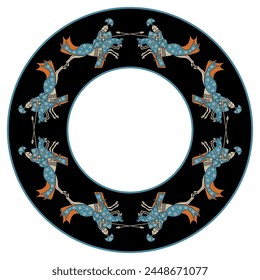 Round frame with medieval knights riding horses in a ring. On black background. 