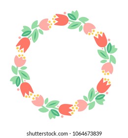 Round frame of minimalistic tulp flowers. Vector element of decoration for card or invitation. Isolated. Cute tender colors