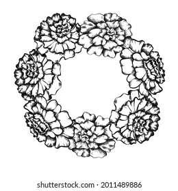 Round frame with monochrome sketch of marigolds and copy space. Invitation cards with garland of flowerhead. Vector outline natural template for postcards. Florals wreath frame.