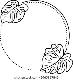 Marco redondo con hojas y puntos Monstera en negro. Abstractas corona de hojas tropicales. Elemento decorativo elegante para la decoración de la Boda. Diseño de borde floral de Antiguas. Ilustración Botánica Exótica.