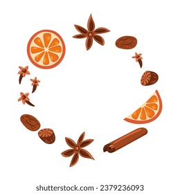 Round frame with mulled wine ingredients. Isolated vector illustration