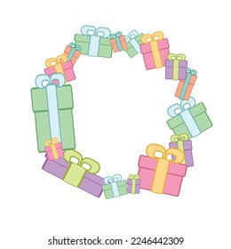 round frame. multi colored gifts. flat style