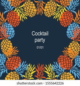 Round frame from multicolor pineapples on black background. Great for templates of bar flayers, cocktail party invitations. Social media square format. Vector illustration with place for your text.