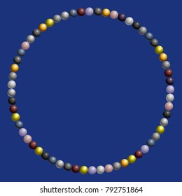 Round frame of multicolored beads of different sizes on blue background. Abstract Vector Background with beautiful 3D shiny pearls with place for your pictures and text. Design template, cover, banner