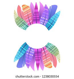 Round frame with multicolored boho feathers of birds with decoration and place for the text separated on white background. Vector template for greeting cards, invitations and your creativity