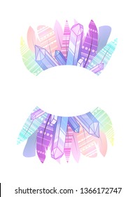 Round frame with multicolored boho feathers of birds with decoration, crystal and place for the text. Vector magic template for greeting cards, invitations and your creativity