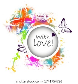 Round frame with multi-colored butterflies. With love. Vector illustration