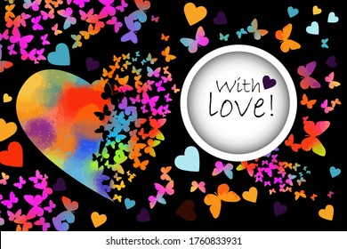 Round frame with multi-colored butterflies. With love. Rainbow heart made of butterflies. Happy Valentine's Day. Vector illustration