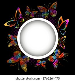 Round frame with multi-colored butterflies. With love. Vector illustration