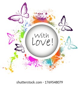 Round frame with multi-colored butterflies. With love. Vector illustration