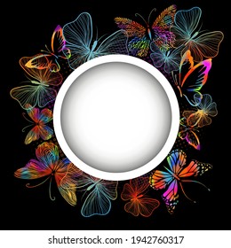 Round frame with multi-colored butterflies. With love. Vector illustration