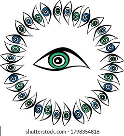 
Round frame of multi-colored eyes. Green-blue shades. Border for text.