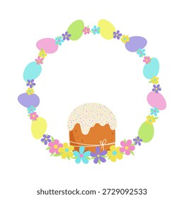Quadro redondo de flores multicoloridas, ovos, bolo de Páscoa em um fundo branco, ilustração vetorial, design plano. Um elemento festivo com um lugar para desenhar texto, cartões postais, saudações, rótulos, banners