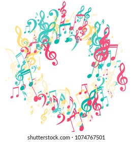 Round Frame of Musical Notes. Abstract Background with Notes, Bass and Treble Clefs. Vector Element for Musical Poster, Banner, Advertising, Card. Minimalistic Simple Background.