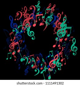 Round Frame of Musical Notes. Abstract Background with Notes, Bass and Treble Clefs. Vector Element for Musical Poster, Banner, Advertising, Card. Minimalistic Simple Background.