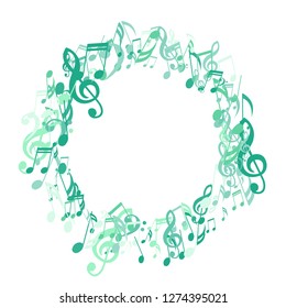 Round Frame of Musical Notes. Abstract Background with Notes, Bass and Treble Clefs. Vector Element for Musical Poster, Banner, Advertising, Card. Minimalistic Simple Background.