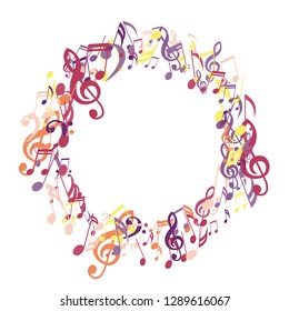 Round Frame of Musical Notes. Abstract Background with Notes, Bass and Treble Clefs. Vector Element for Musical Poster, Banner, Advertising, Card. Minimalistic Simple Background.