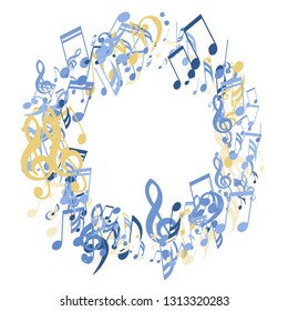 Round Frame of Musical Notes. Abstract Background with Notes, Bass and Treble Clefs. Vector Element for Musical Poster, Banner, Advertising, Card. Minimalistic Simple Background.