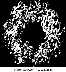 Round Frame of Musical Notes. Creative Background with Notes, Bass and Treble Clefs. Vector Element for Musical Poster, Banner, Advertising, Card. Minimalistic Simple Background.