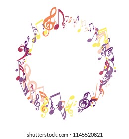 Round Frame of Musical Notes. Creative Background with Notes, Bass and Treble Clefs. Vector Element for Musical Poster, Banner, Advertising, Card. Minimalistic Simple Background.