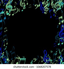 Round Frame of Musical Notes. Modern Background with Notes, Bass and Treble Clefs. Vector Element for Musical Poster, Banner, Advertising, Card. Minimalistic Simple Background.