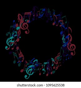 Round Frame of Musical Notes. Modern Background with Notes, Bass and Treble Clefs. Vector Element for Musical Poster, Banner, Advertising, Card. Minimalistic Simple Background.