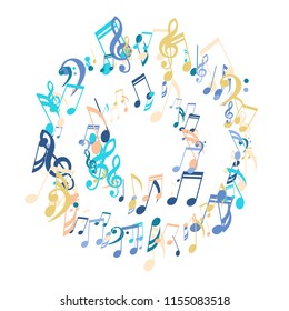 Round Frame of Musical Notes. Modern Background with Notes, Bass and Treble Clefs. Vector Element for Musical Poster, Banner, Advertising, Card. Minimalistic Simple Background.