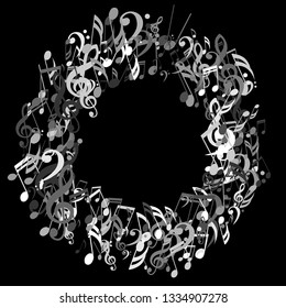 Round Frame of Musical Notes. Modern Background with Notes, Bass and Treble Clefs. Vector Element for Musical Poster, Banner, Advertising, Card. Minimalistic Simple Background.