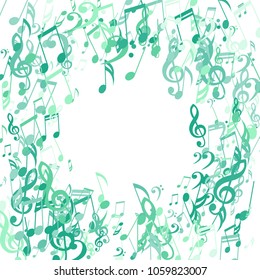 Round Frame of Musical Notes. Trendy Background with Notes, Bass and Treble Clefs. Vector Element for Musical Poster, Banner, Advertising, Card. Minimalistic Simple Background.