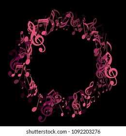 Round Frame of Musical Notes. Trendy Background with Notes, Bass and Treble Clefs. Vector Element for Musical Poster, Banner, Advertising, Card. Minimalistic Simple Background.