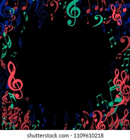 Round Frame of Musical Notes. Trendy Background with Notes, Bass and Treble Clefs. Vector Element for Musical Poster, Banner, Advertising, Card. Minimalistic Simple Background.